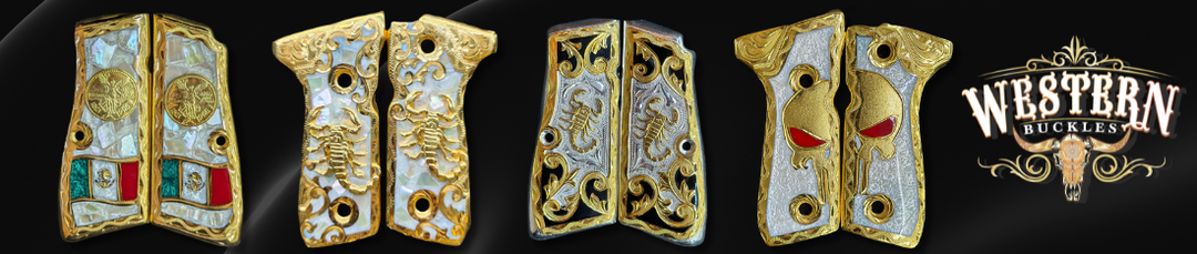 Custom engraved Colt 1911 pistol grips with gold, mother of pearl, scorpion and Mexican flag designs