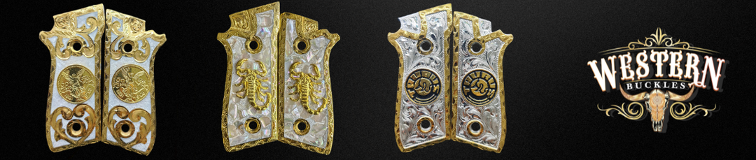 Ornate custom 1911 grips with gold detailing and western motifs on a black background.