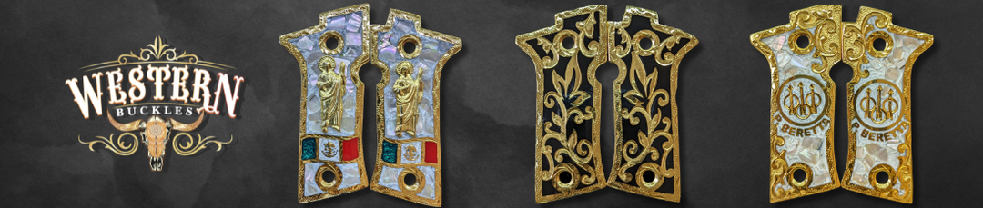 Custom gold pistol grips with engraved designs, religious figures, and Beretta logo details