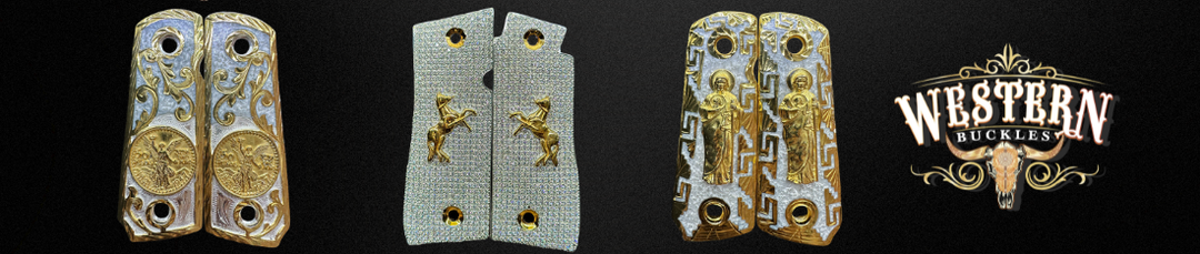 Custom engraved pistol grips with gold detailing for Colt 1911, displayed on black background.