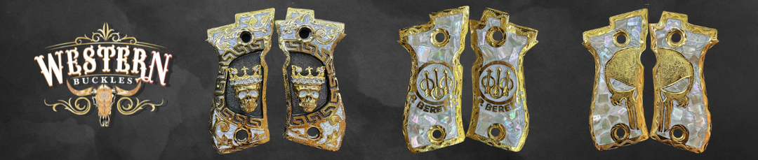 Custom gold and mother-of-pearl pistol grips with engraved designs on black background