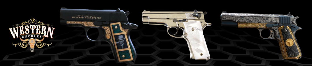 Custom engraved pistols with decorative grips, including pearl, portrait, and gold details