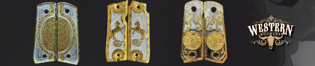 Custom engraved Colt 1911 pistol grips with gold and silver Western designs on dark background
