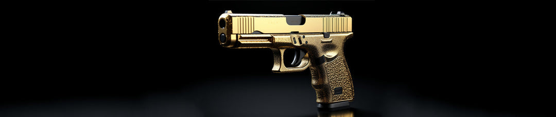 Custom gold-plated pistol with textured grip on black background