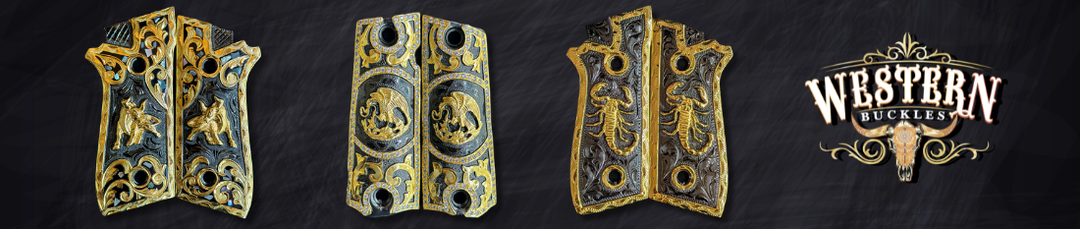 Engraved 1911 pistol grips with gold western animal motifs on black background