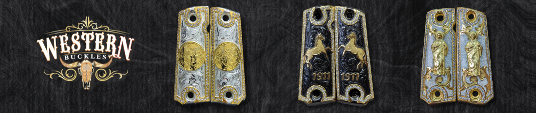 Engraved Colt 1911 pistol grips with gold detailing and Western motifs on dark background