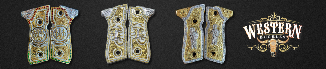 Custom engraved 1911 pistol grips with gold, silver, and intricate Western designs