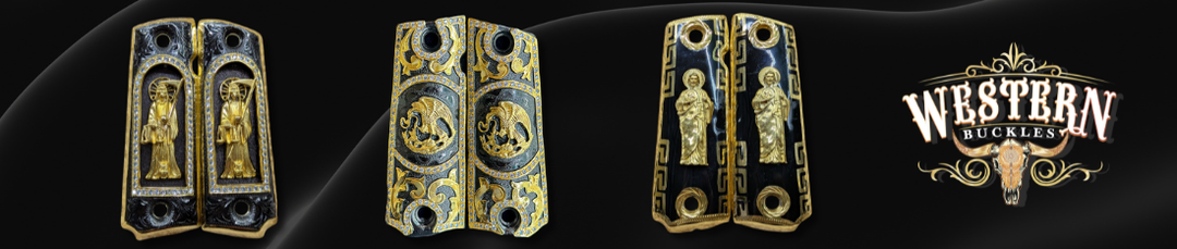 Decorative 1911 pistol grips with gold religious and western motifs on a black background