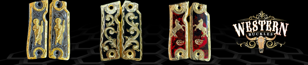 Custom 1911 pistol grips with ornate gold engravings, religious and Colt designs, western style