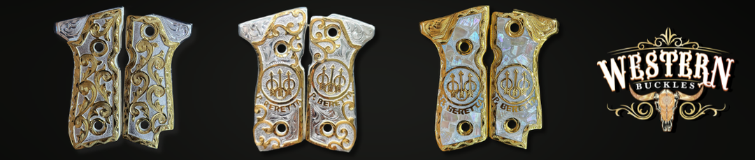 Custom engraved metallic pistol grips with gold and silver details for handguns