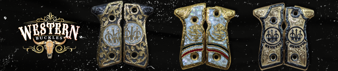 Custom engraved pistol grips with ornate designs and metallic accents on a black background