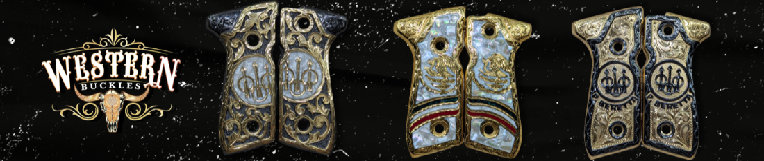 Custom engraved pistol grips with ornate designs and metallic accents on a black background
