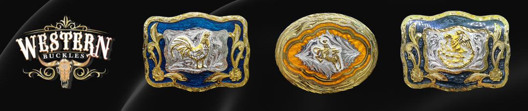 Decorative western buckles with intricate gold and silver animal designs on black background