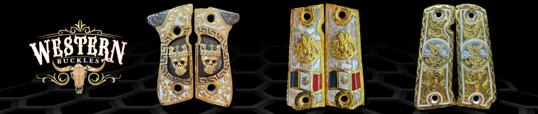 Custom engraved Colt 1911 pistol grips with gold accents, skull, eagle, and flag designs.