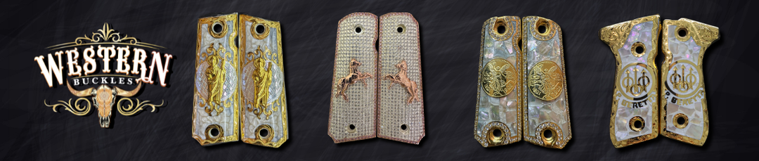 Custom decorative pistol grips for Colt 1911 and 9mm with gold and mother of pearl accents