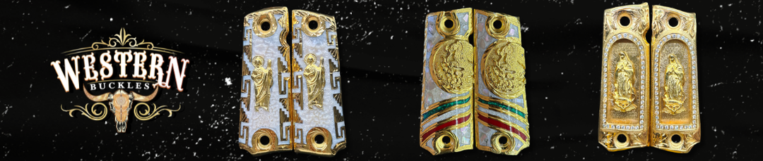 Three pairs of custom gold and silver pistol grips with engraved Western designs on black background