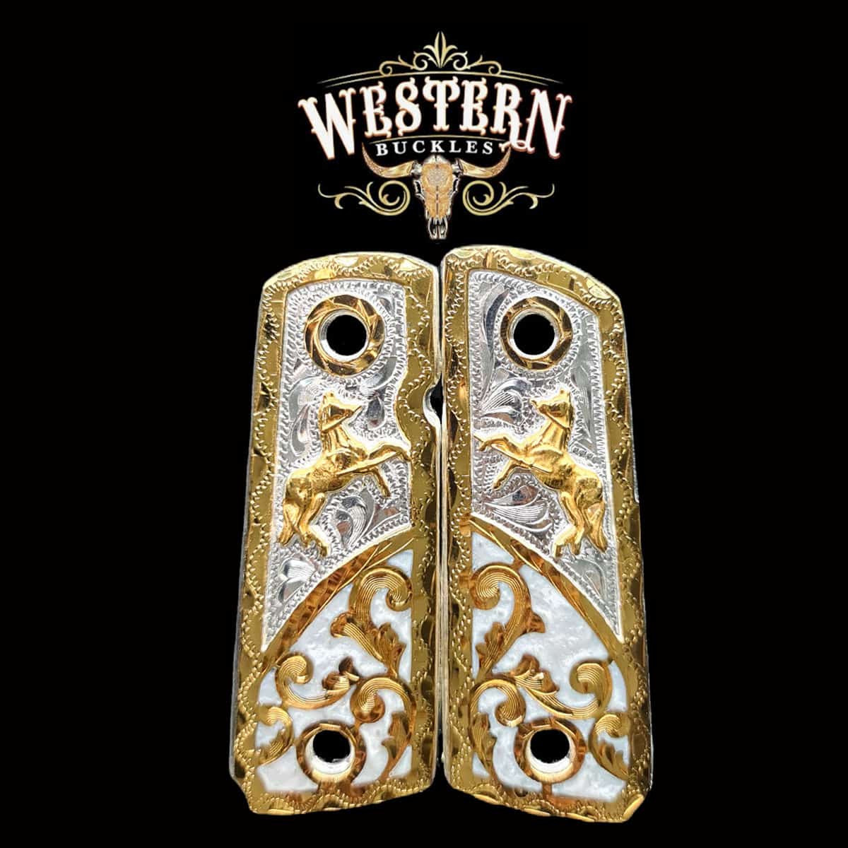 Custom silver and gold 1911 pistol grips with horse design, engraved western style.