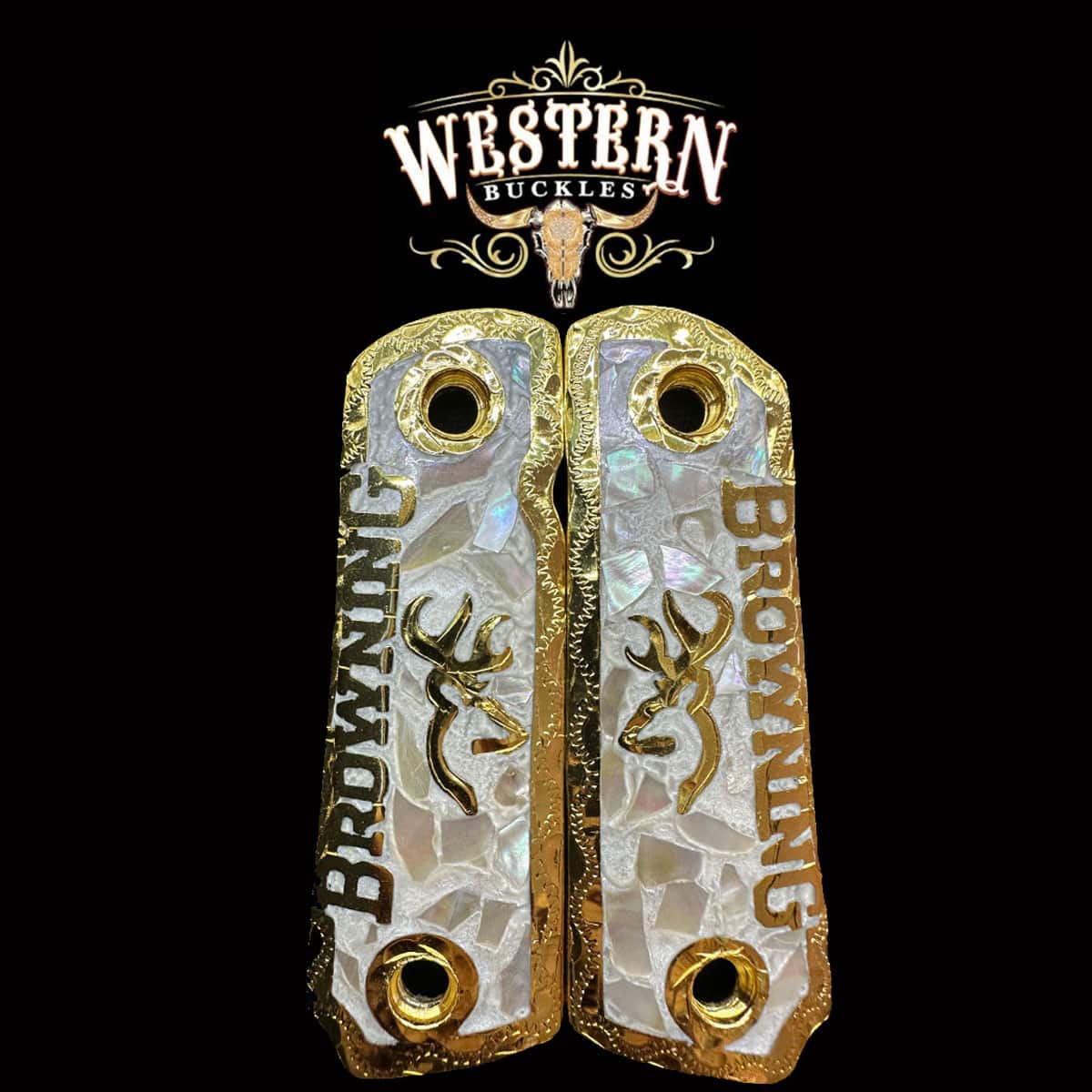 Custom Browning pistol grips with gold trim, deer head design, and pearl finish, western style.