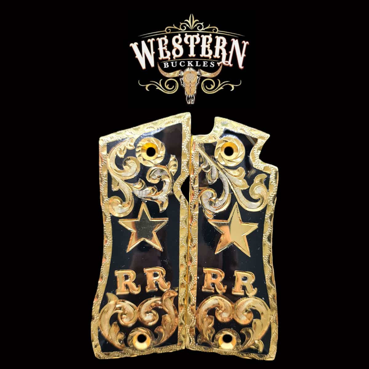 Custom gold and black 1911 pistol grips with star and RR design, western engraved style.
