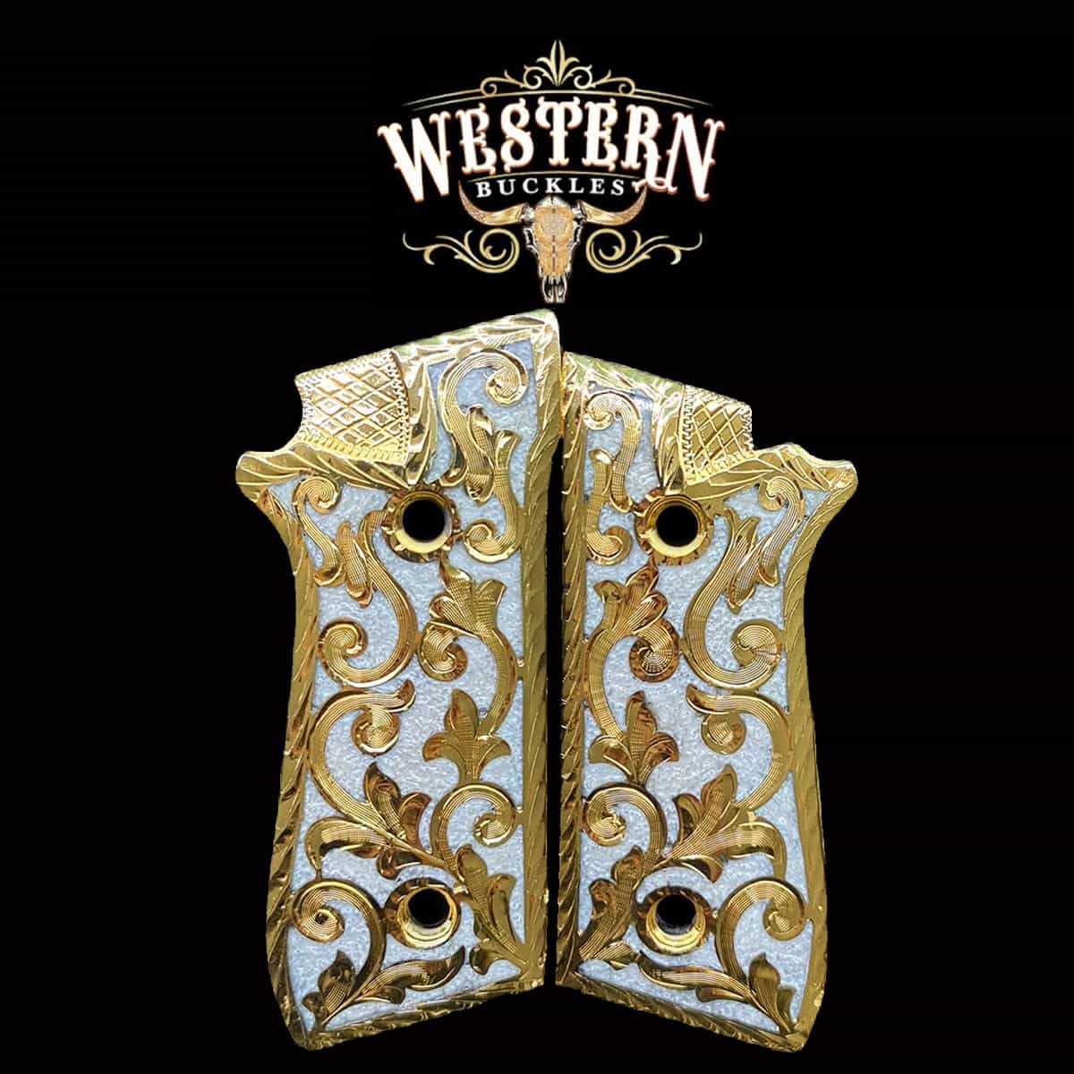 Ornate gold and pearl engraved 1911 pistol grips with western style scrollwork on black background