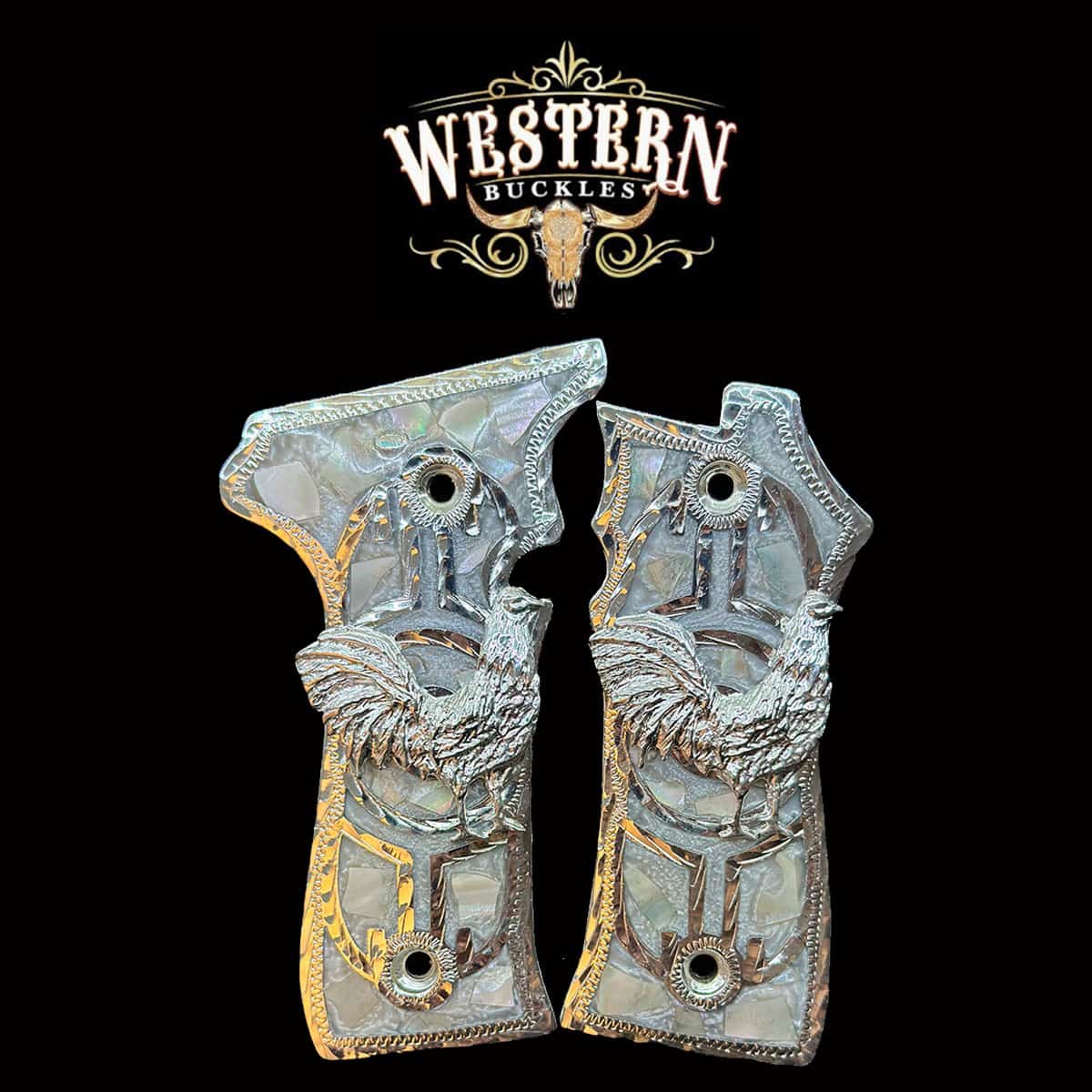 Custom Colt 1911 pistol grips with engraved rooster design and silver details on black background