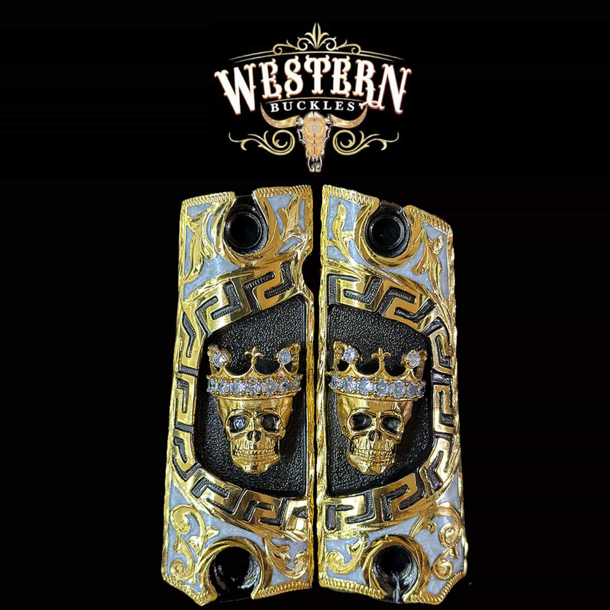 Custom gold and black pistol grips with crowned skull design for Colt 1911 handguns
