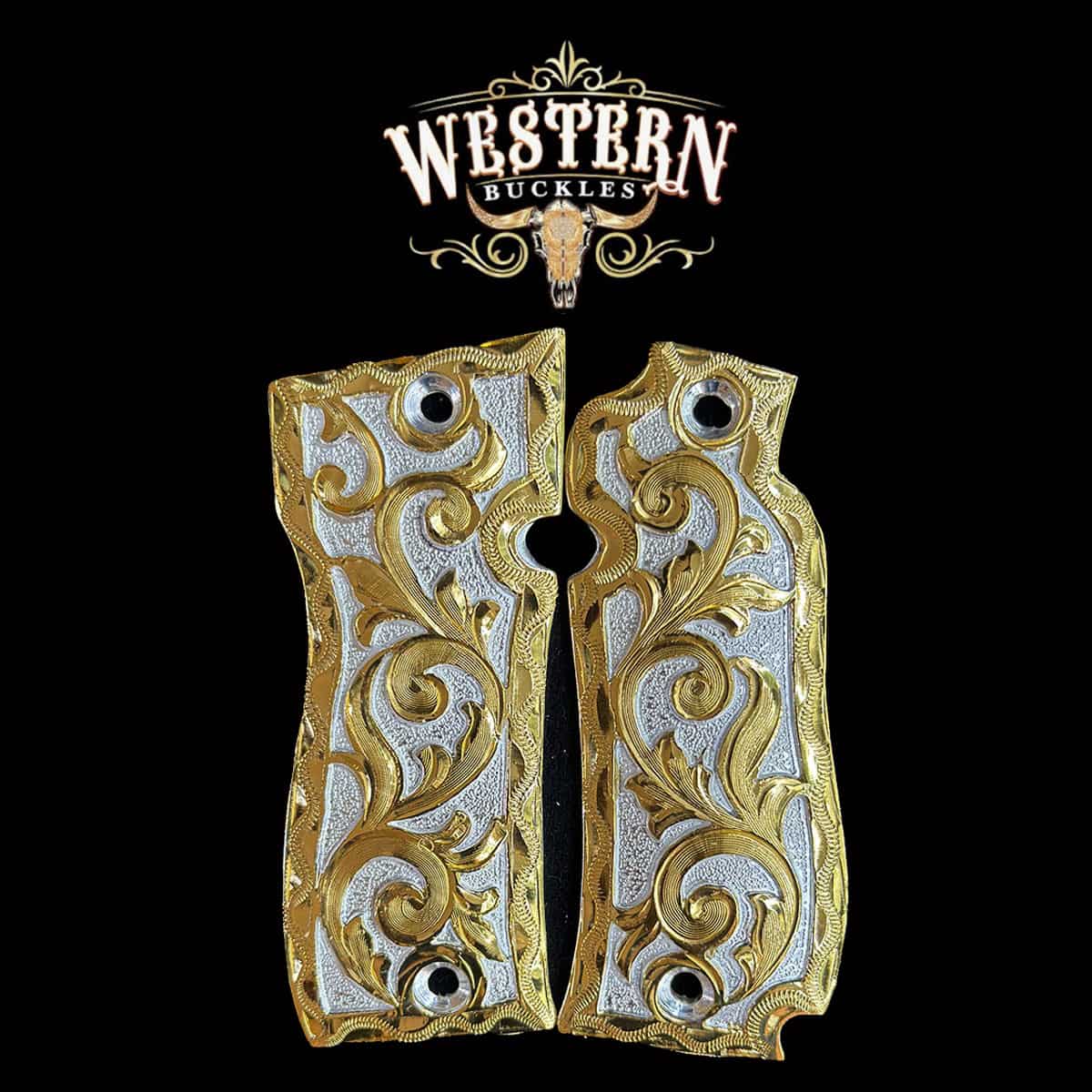 Ornate gold and silver engraved 1911 pistol grips with western floral pattern on black background