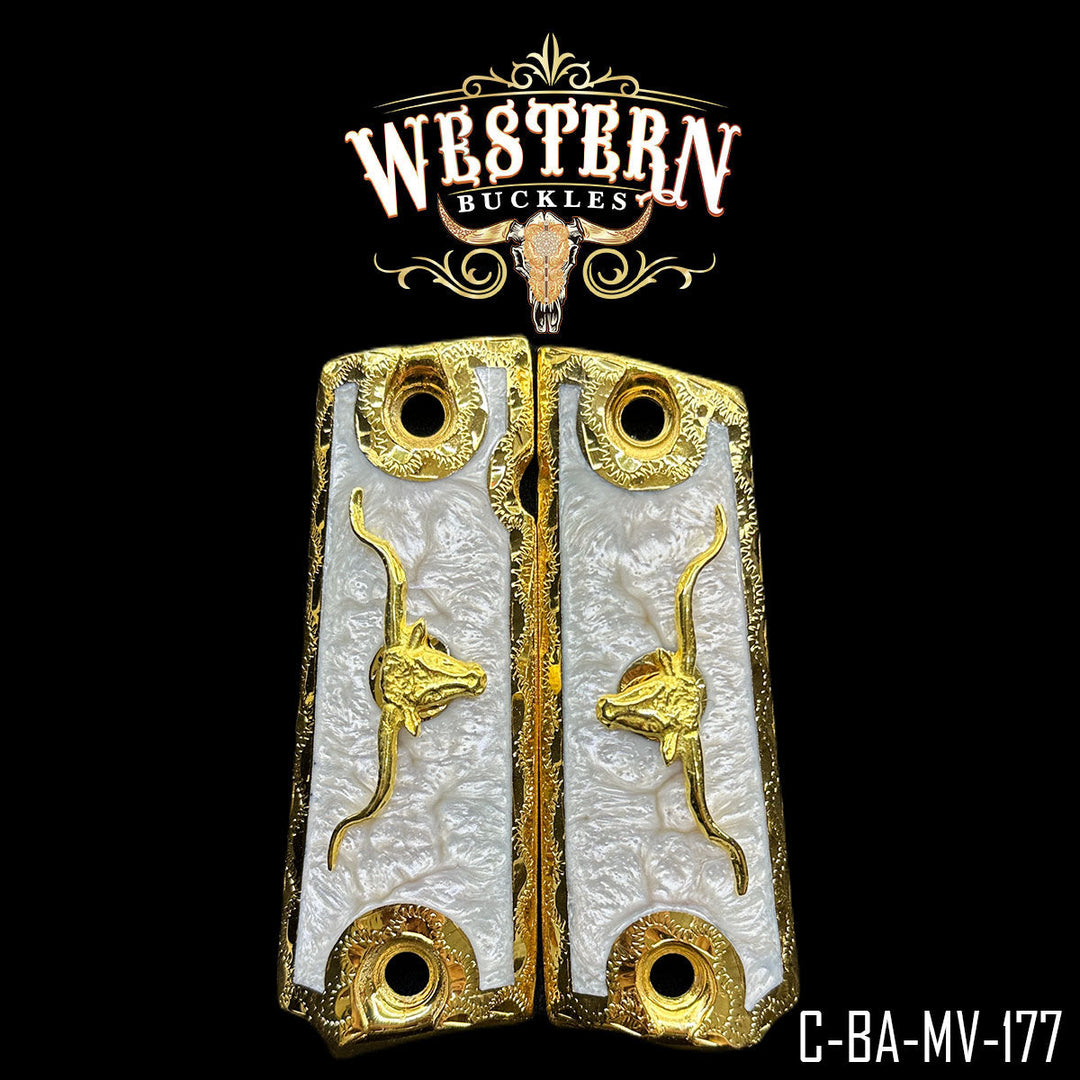 Bull Custom Grips for Colt 1911 Full-Size — 24K Gold-Plated with Artisan Resin-The Western Buckles