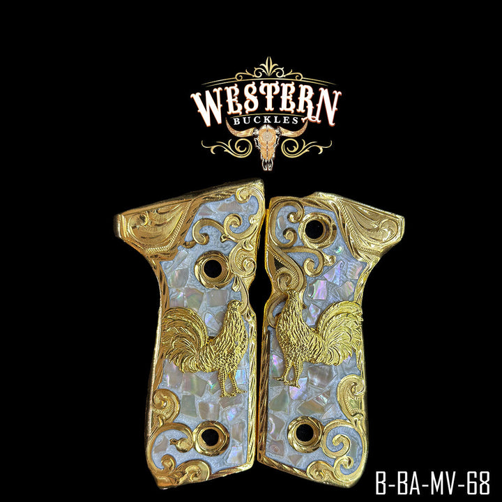 Gallo (Rooster) Custom Grips for Beretta 92FS — 24K Gold-Plated &amp; Silver-Plated with Mother-of-Pearl &amp; Artisan Resin