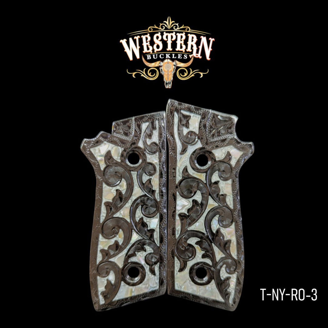 Hand-Engraved Custom Grips for the Taurus PT92 — 24K Gold-Plated &amp; Black Nickel &amp; Artisan Resin