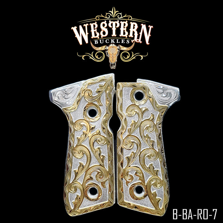 Hand-Engraved Scrollwork Grips for Beretta 92FS — 24K Gold-Plated &amp; Silver-Plated-The Western Buckles