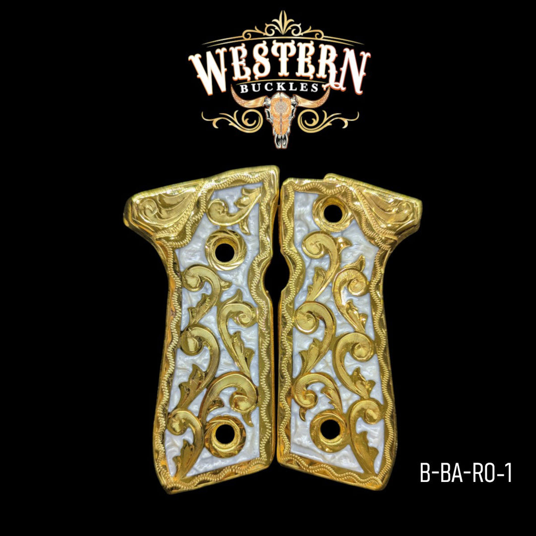 Hand-Engraved Scrollwork Grips for Beretta 92FS — 24K Gold-Plated with White Artisan Resin