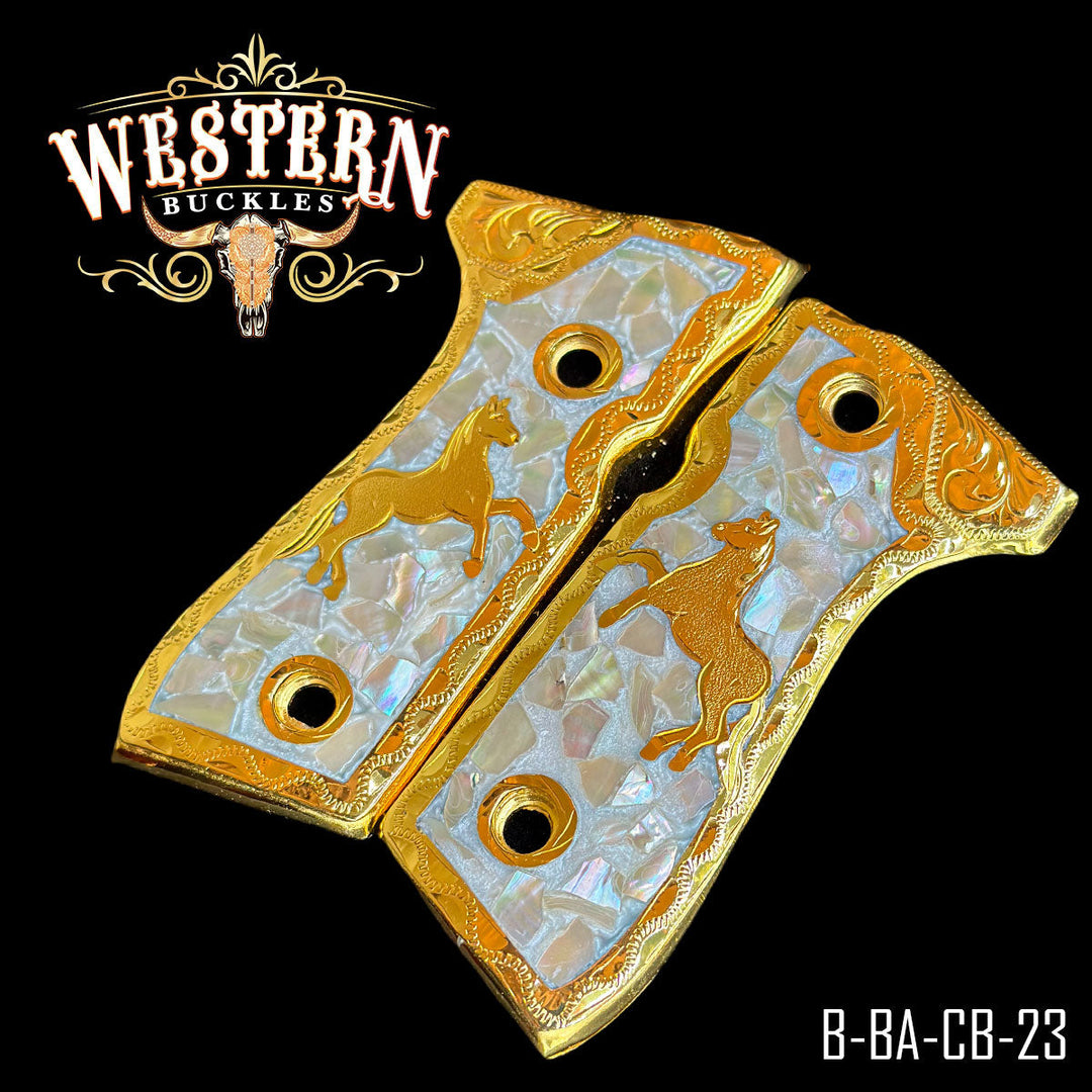 Horse Custom Grips for Beretta 92FS — 24K Gold-Plated with Mother-of-Pearl &amp; Artisan Resin-The Western Buckles