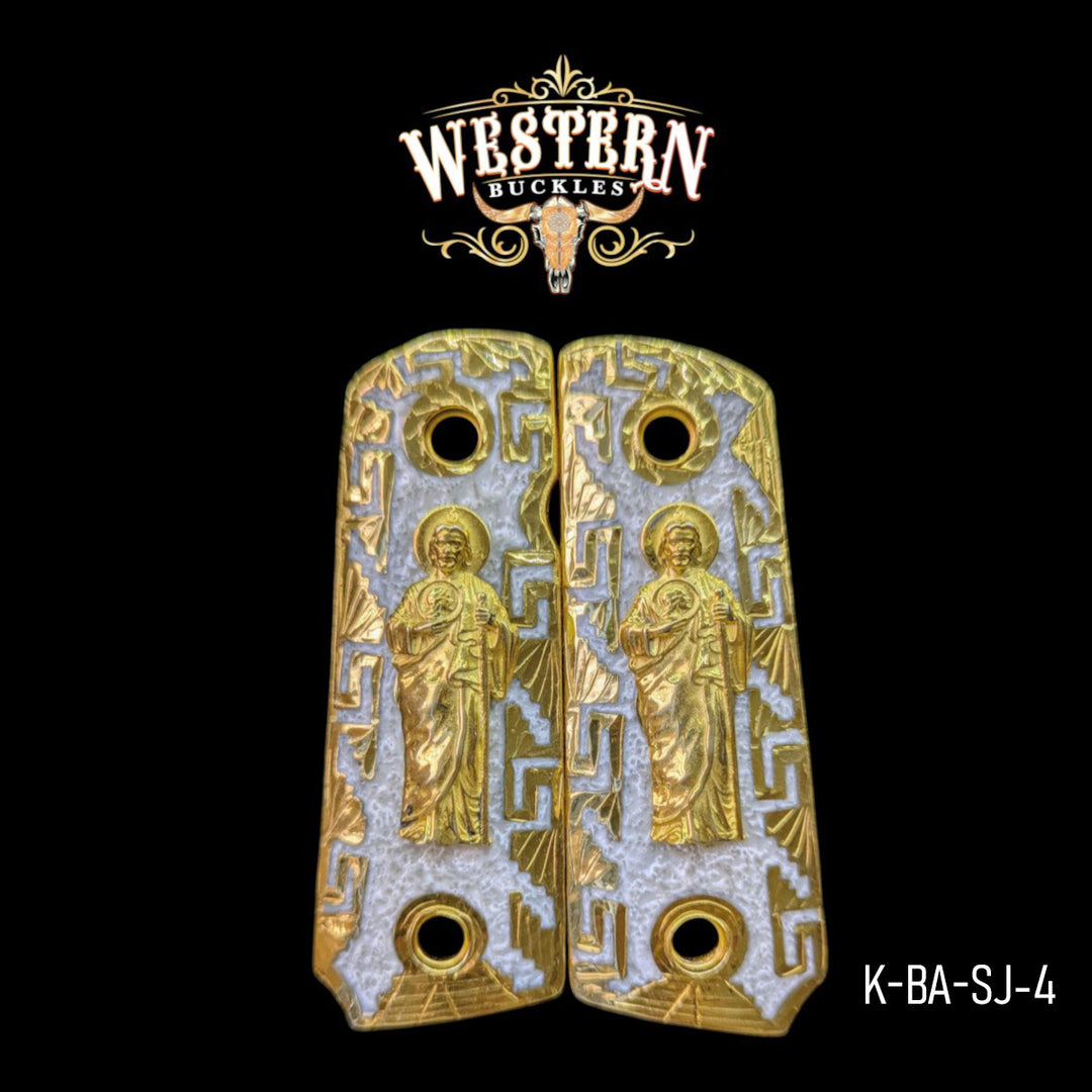 San Judas Custom Grips for the Colt 1911 Compact &amp; Defender — 24K Gold-Plated &amp; Artisan Resin
