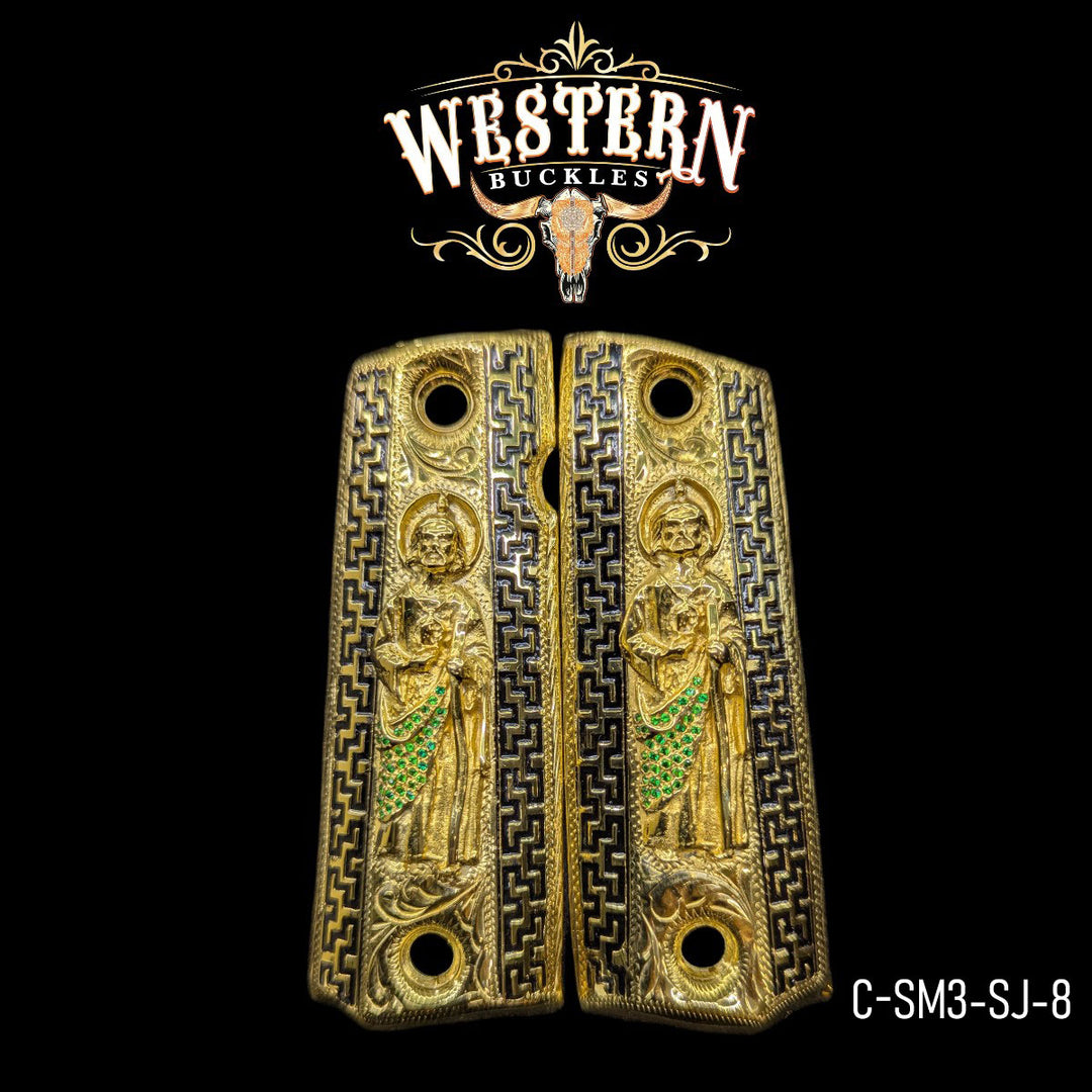 San Judas Grips for 1911 Full-Size — 24K Gold-Plated with Zirconia Stones