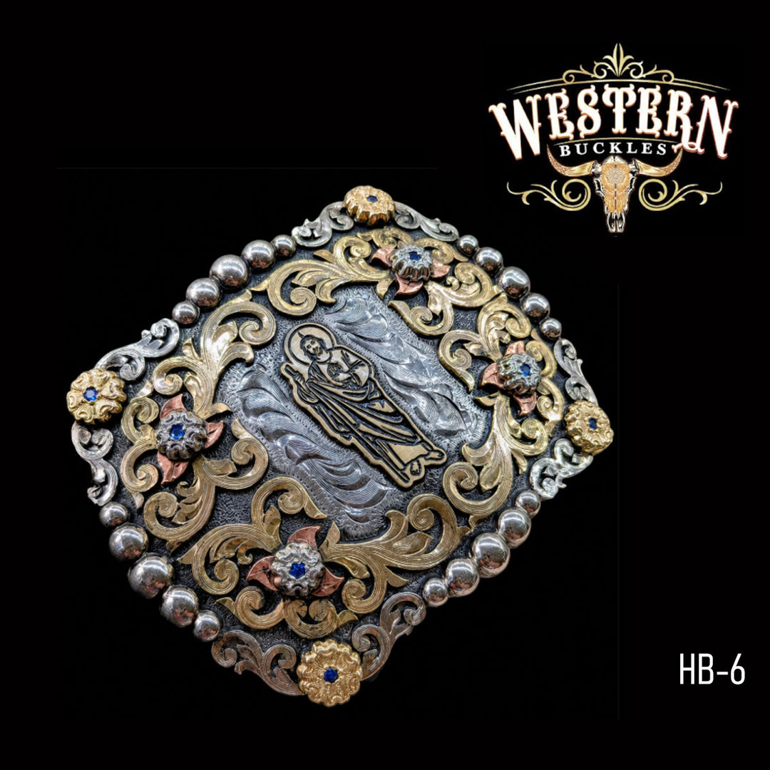 San Judas Trophy Belt Buckle · Blue Stones-The Western Buckles