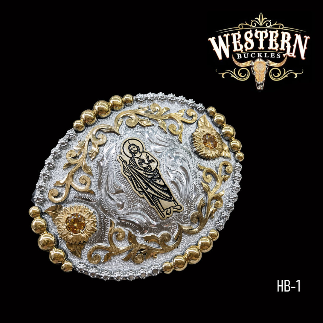 San Judas Trophy Belt Buckle · Brass &amp; German Silver-The Western Buckles