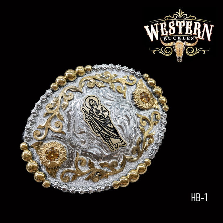 San Judas Trophy Belt Buckle · Brass &amp; German Silver-The Western Buckles