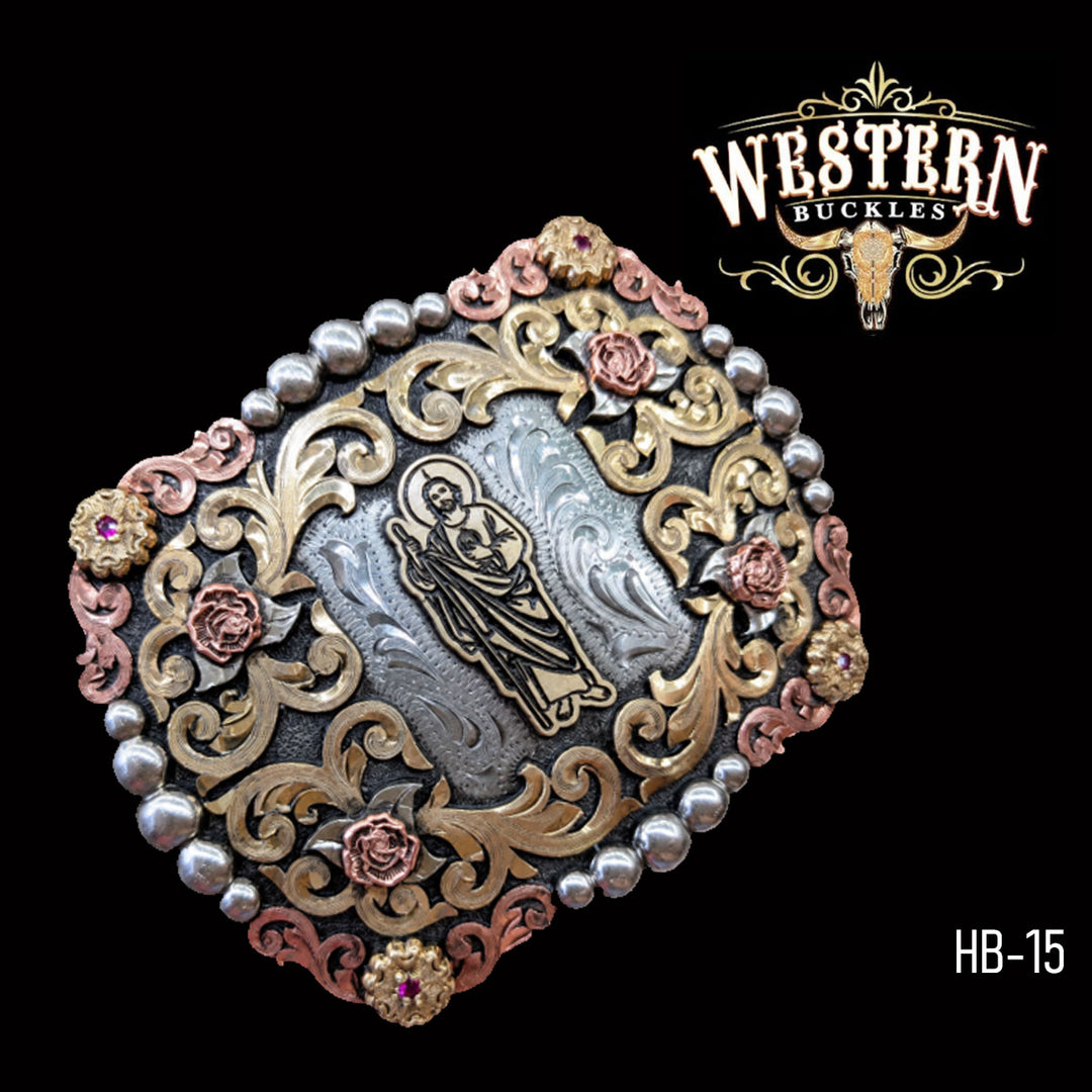 San Judas Trophy Belt Buckle · Copper Roses-The Western Buckles