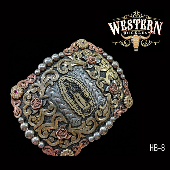 Virgin of Guadalupe Trophy Belt Buckle · German Silver, Brass &amp; Copper-The Western Buckles