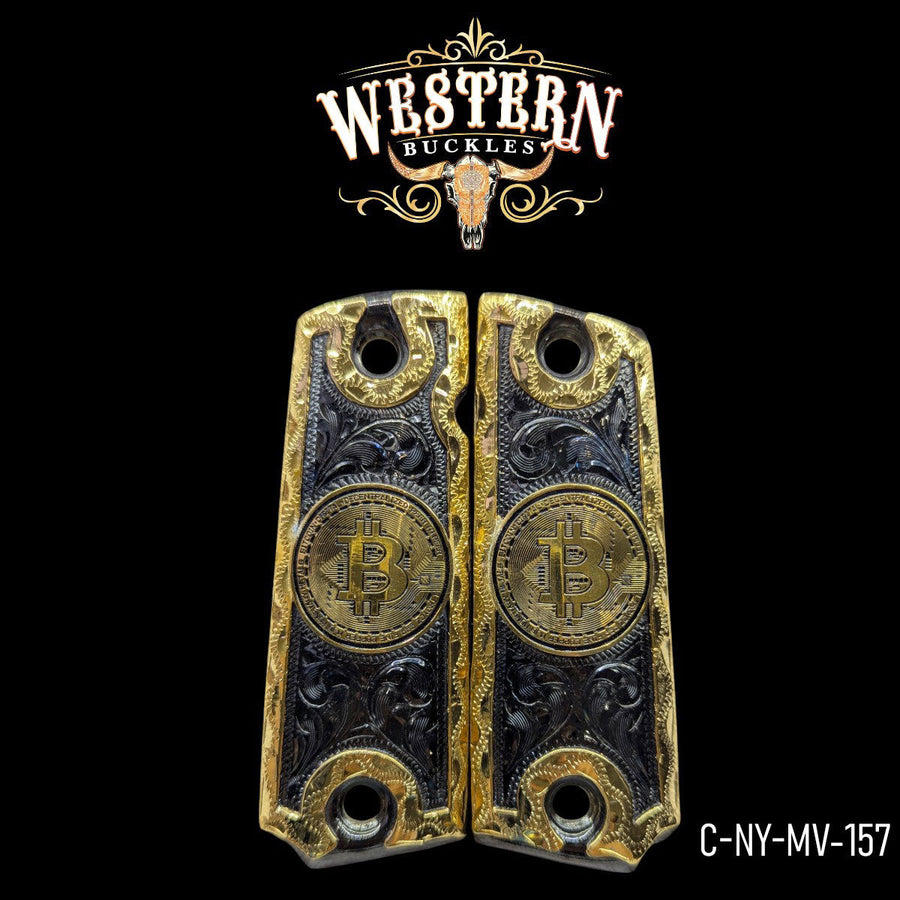Bitcoin Custom Grips for Colt 1911 Full-Size — 24K Gold-Plated & Black Nickel