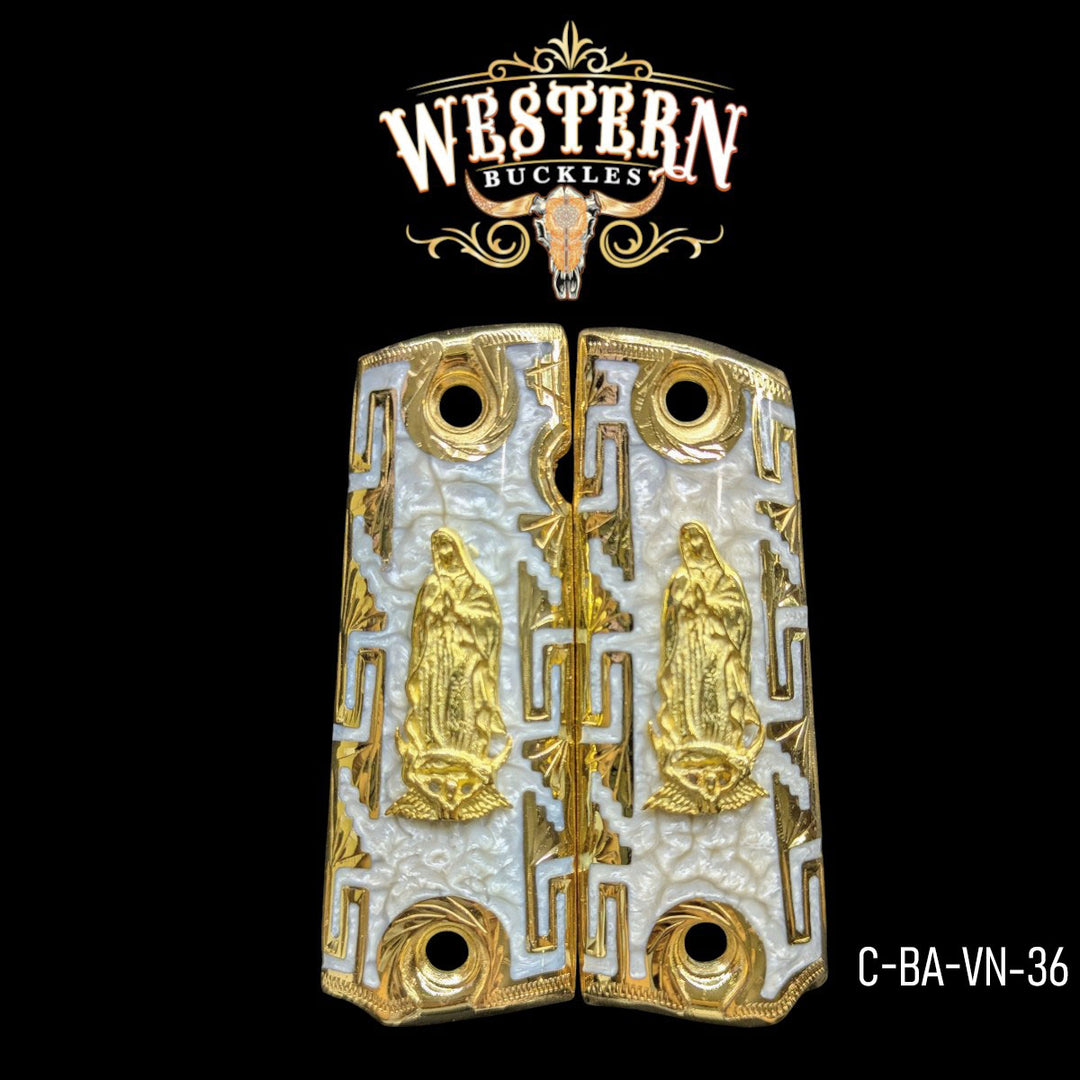 1911 Full Size Virgin Engraving Gold with White Resin-The Western Buckles