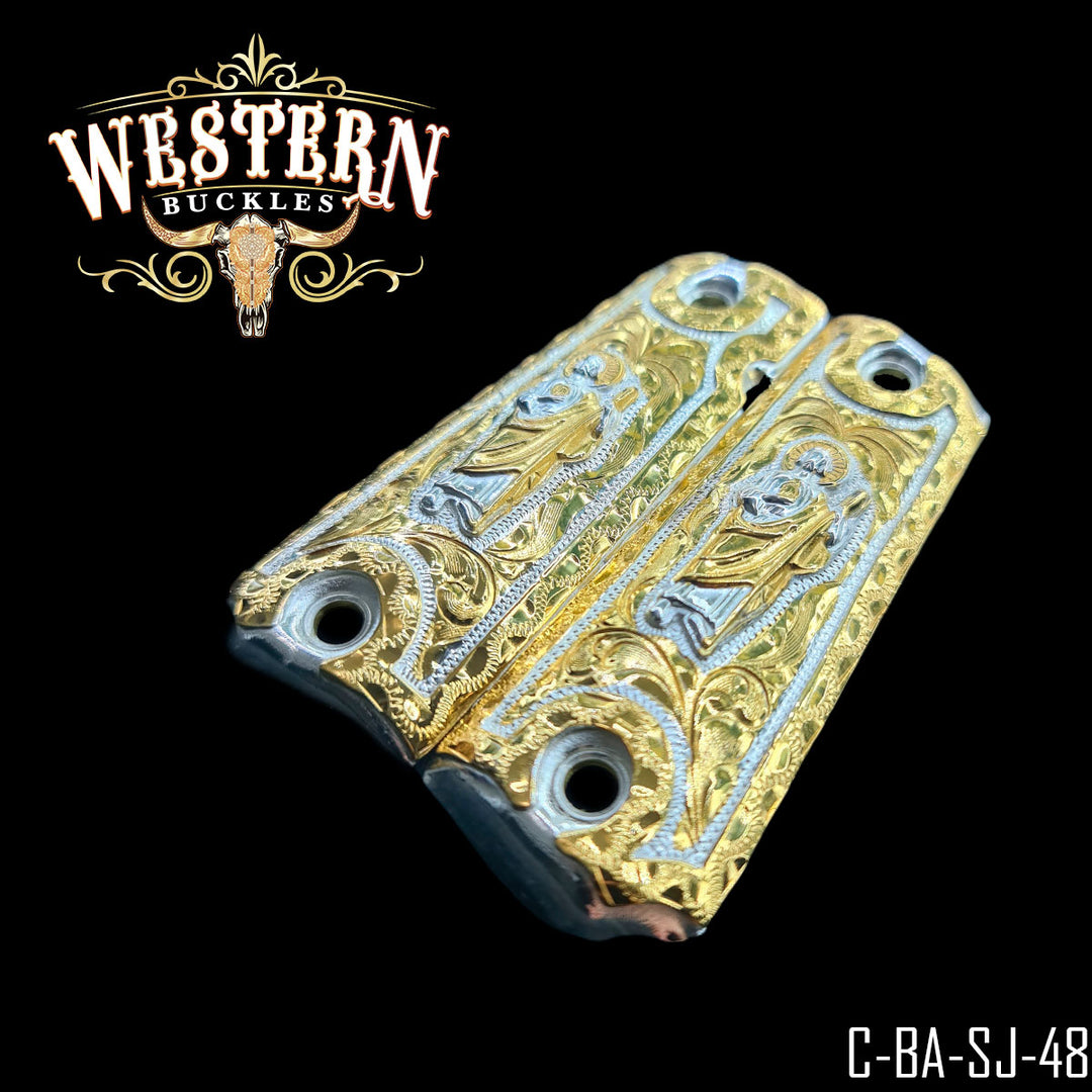 1911 Fullsize San Judas Cachas — Hand-Engraved — Detail View | Western Buckles Handcrafted | SKU C-BA-SJ-48