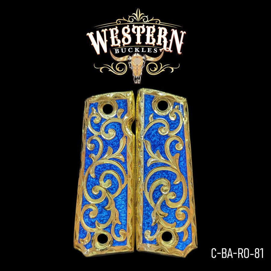 Scrollwork Grips for Colt 1911 Full-Size — Gold-Plated on Blue Resin