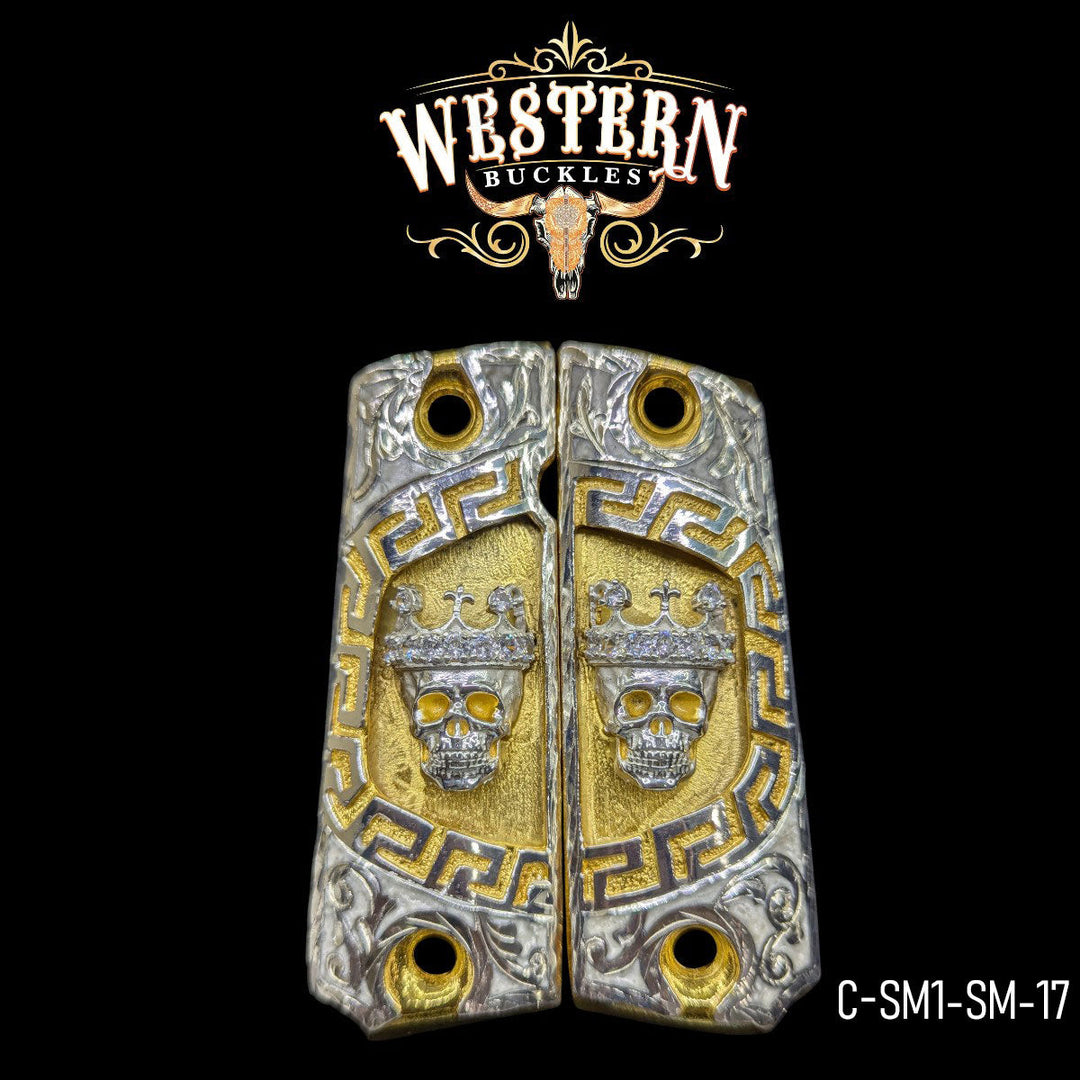 1911 Grips Full Size Skull Zircoins, silver and gold-The Western Buckles