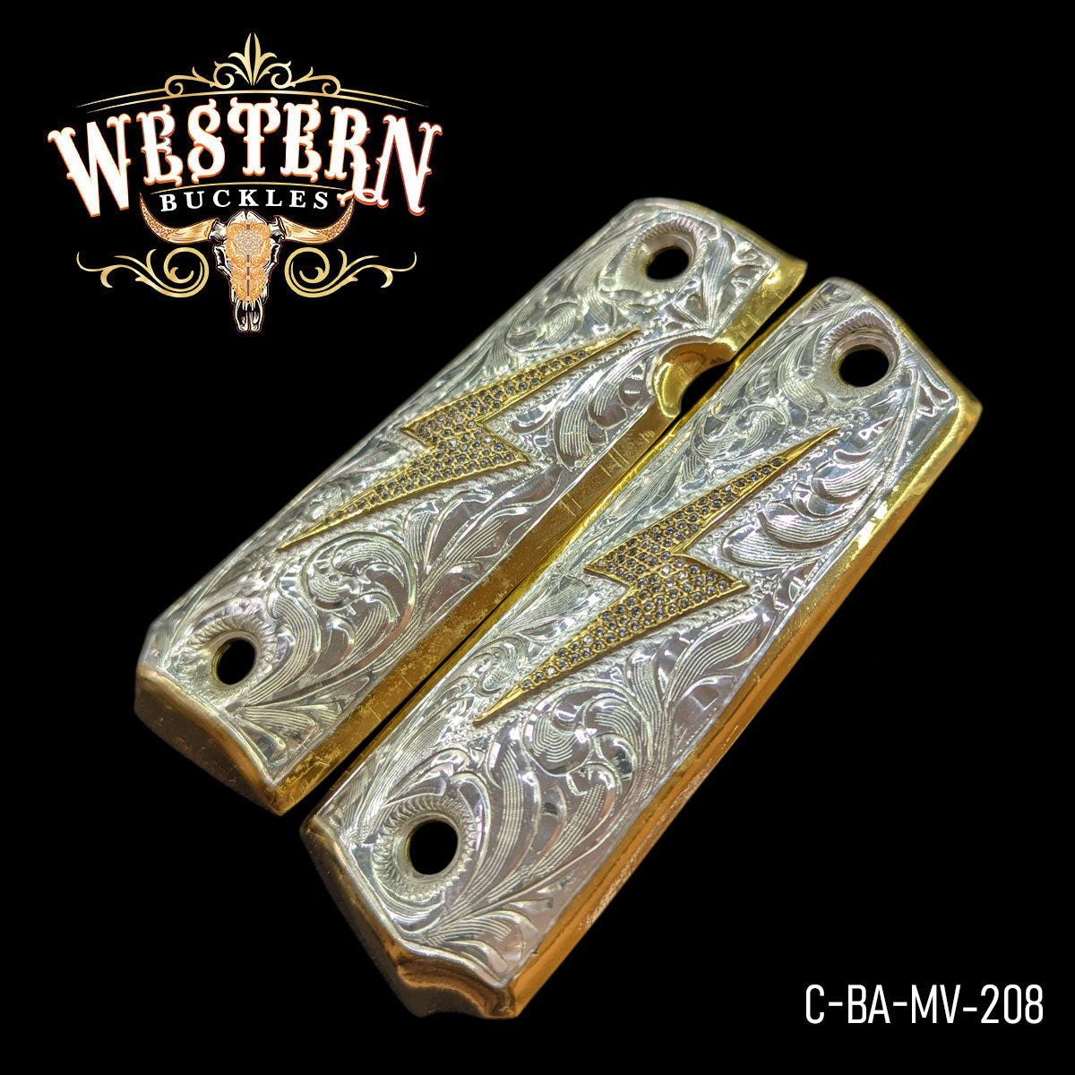 Custom engraved silver and gold pistol grips with lightning bolt design for 1911 handgun