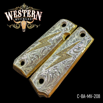 Custom engraved silver and gold pistol grips with lightning bolt design for 1911 handgun