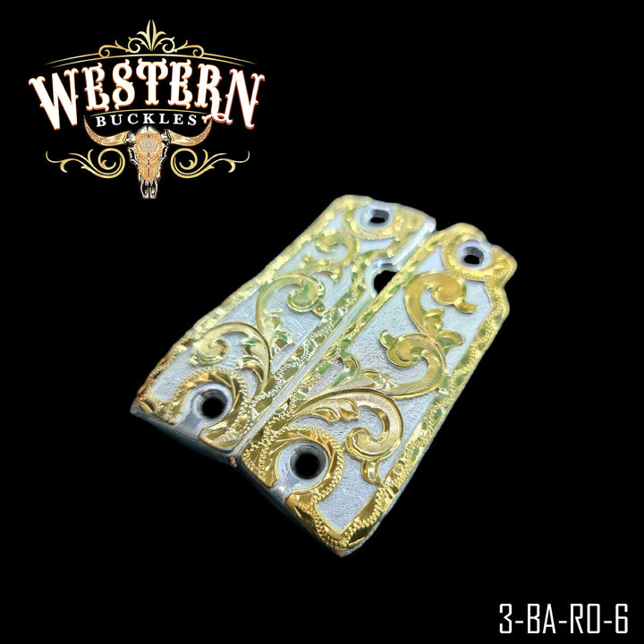 Colt Mustang .380 Gun Grips — Hand-Engraved — Detail View | Western Buckles Handcrafted | SKU 3-BA-RO-6