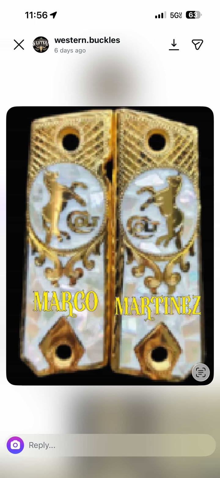 Gold and pearl Colt 1911 custom pistol grips with horse design and engraved text.