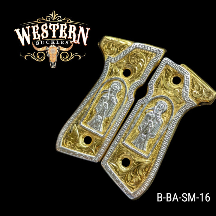 Santa Muerte Beretta 92FS grips, engraving detail, gold-plated and silver-plated